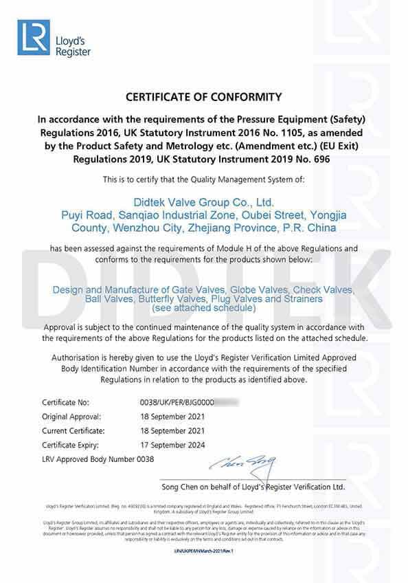 Lloyd's Register LRV UKCA Certificate 0038 PED Model H